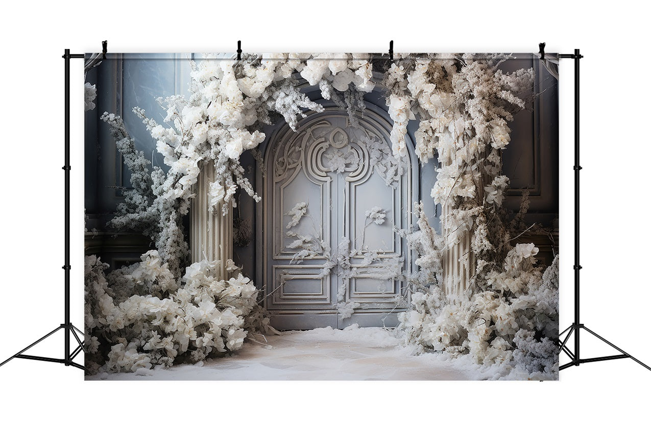 Winter Wonderland White Floral Arched Door Backdrop BRP9-374