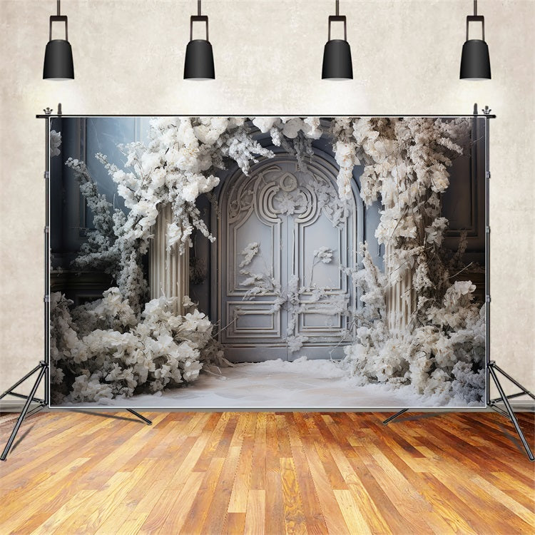 Winter Wonderland White Floral Arched Door Backdrop BRP9-374