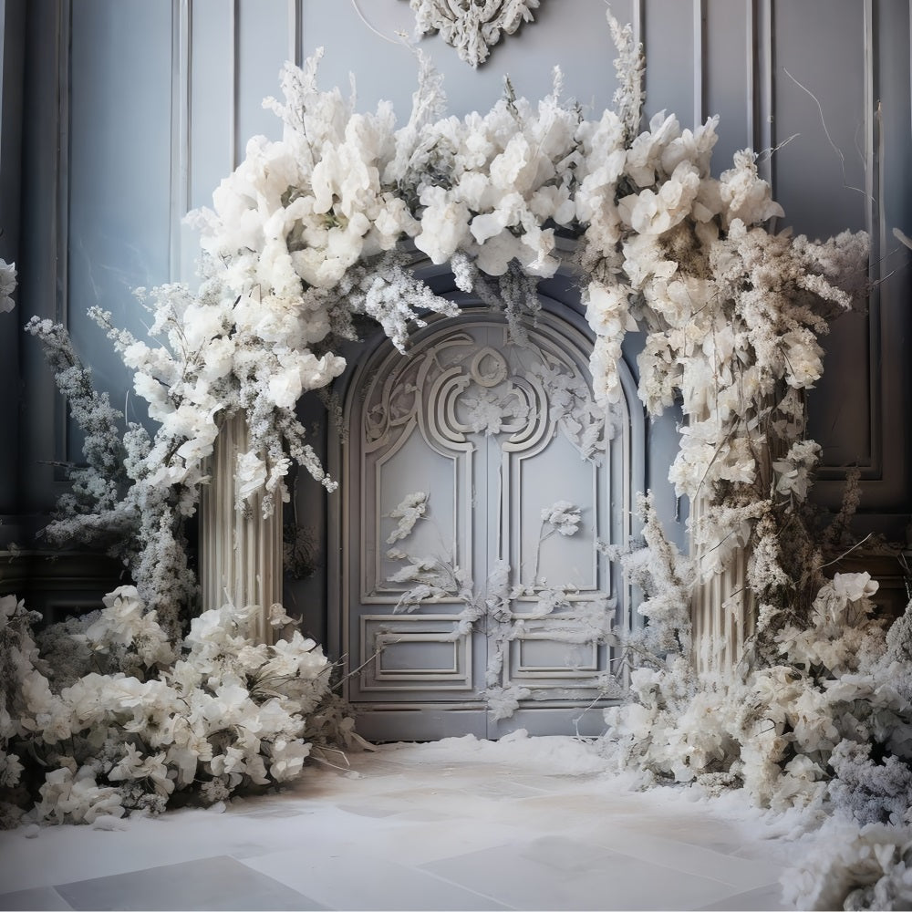 Winter Wonderland White Floral Arched Door Backdrop BRP9-374