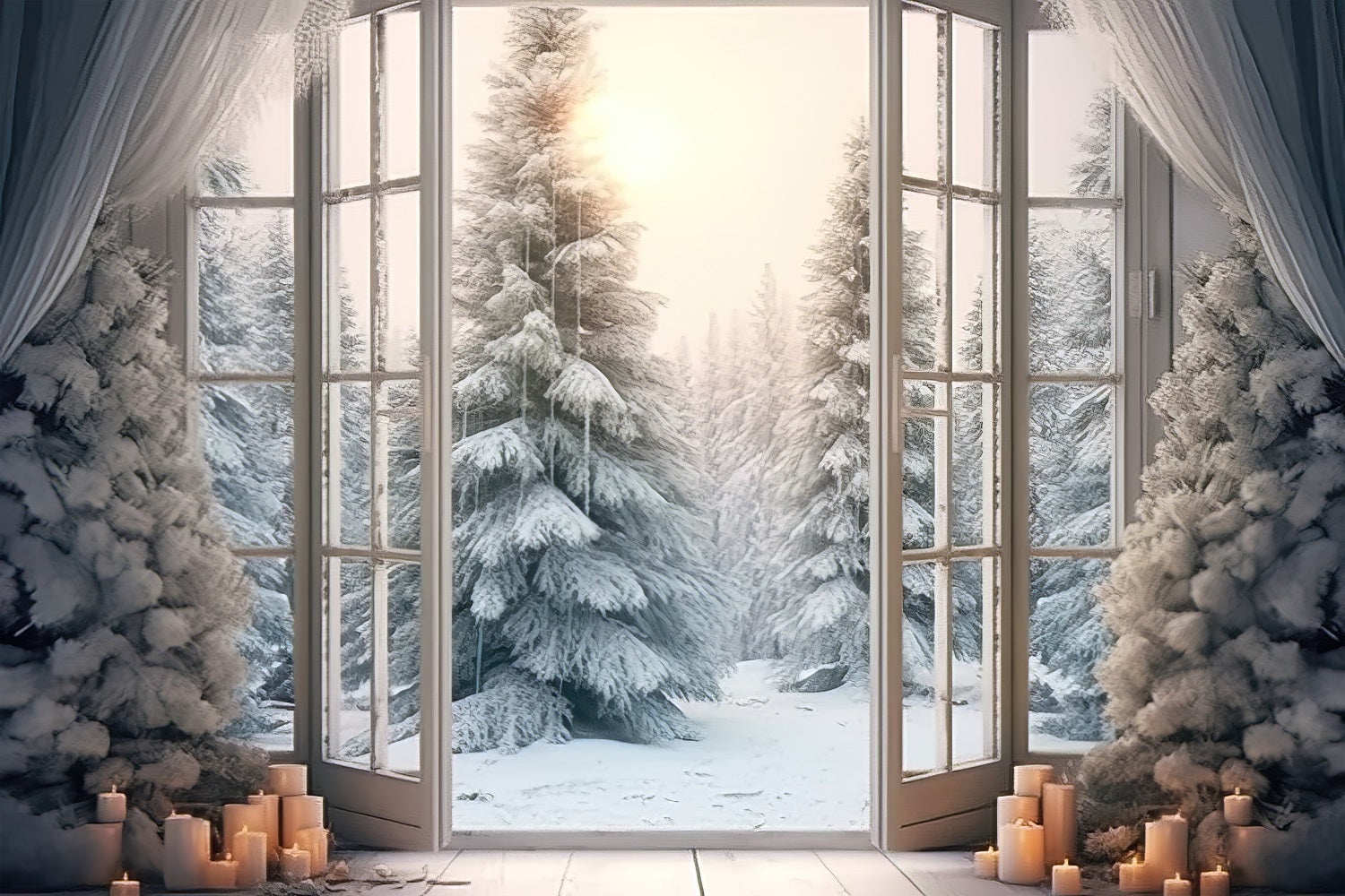 Elegant Frosted Window Opening Winter Forest Backdrop BRP9-375