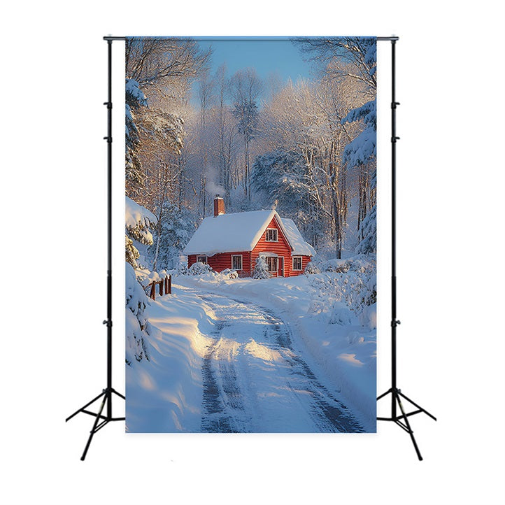 Cozy Red Cabin Snowy Winter Wonderland Backdrop BRP9-377