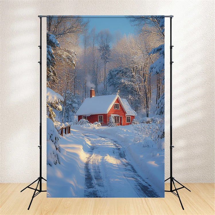 Cozy Red Cabin Snowy Winter Wonderland Backdrop BRP9-377