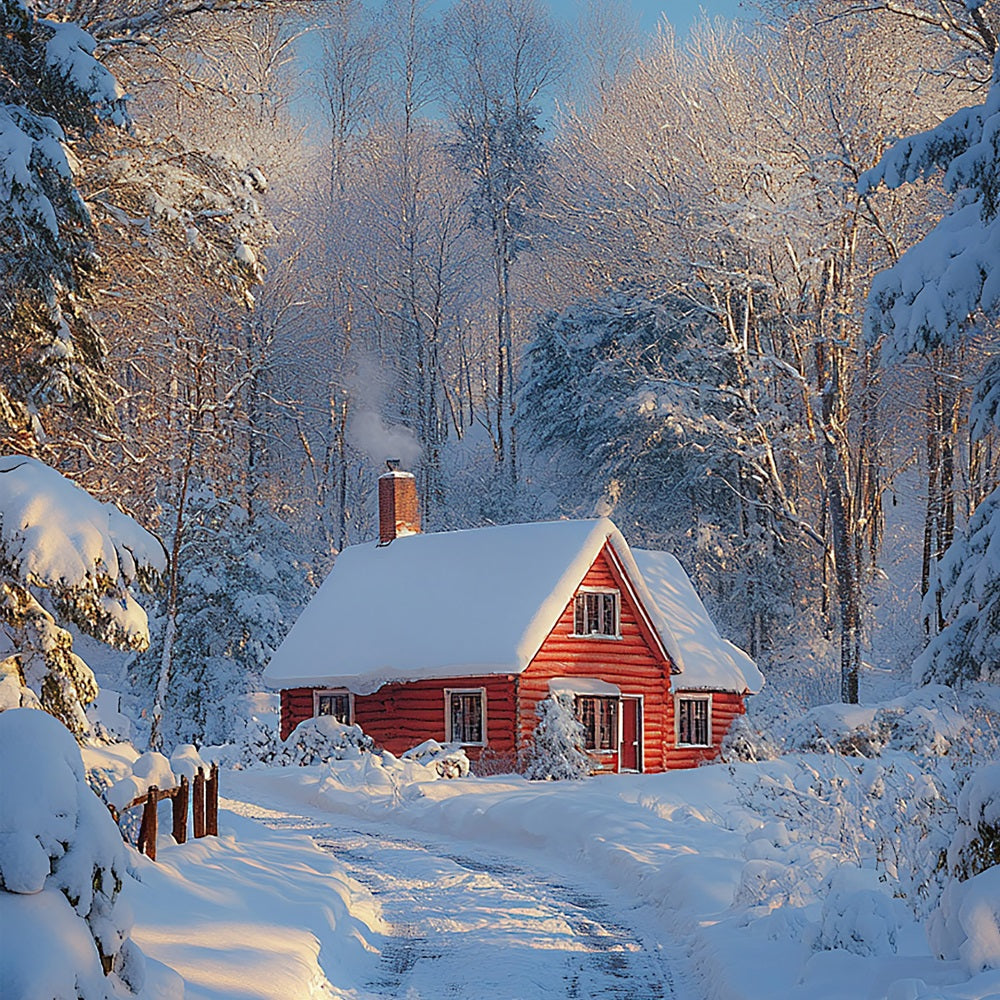 Cozy Red Cabin Snowy Winter Wonderland Backdrop BRP9-377