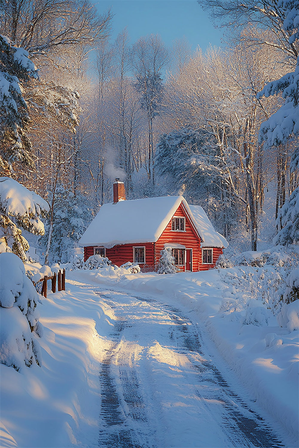 Cozy Red Cabin Snowy Winter Wonderland Backdrop BRP9-377