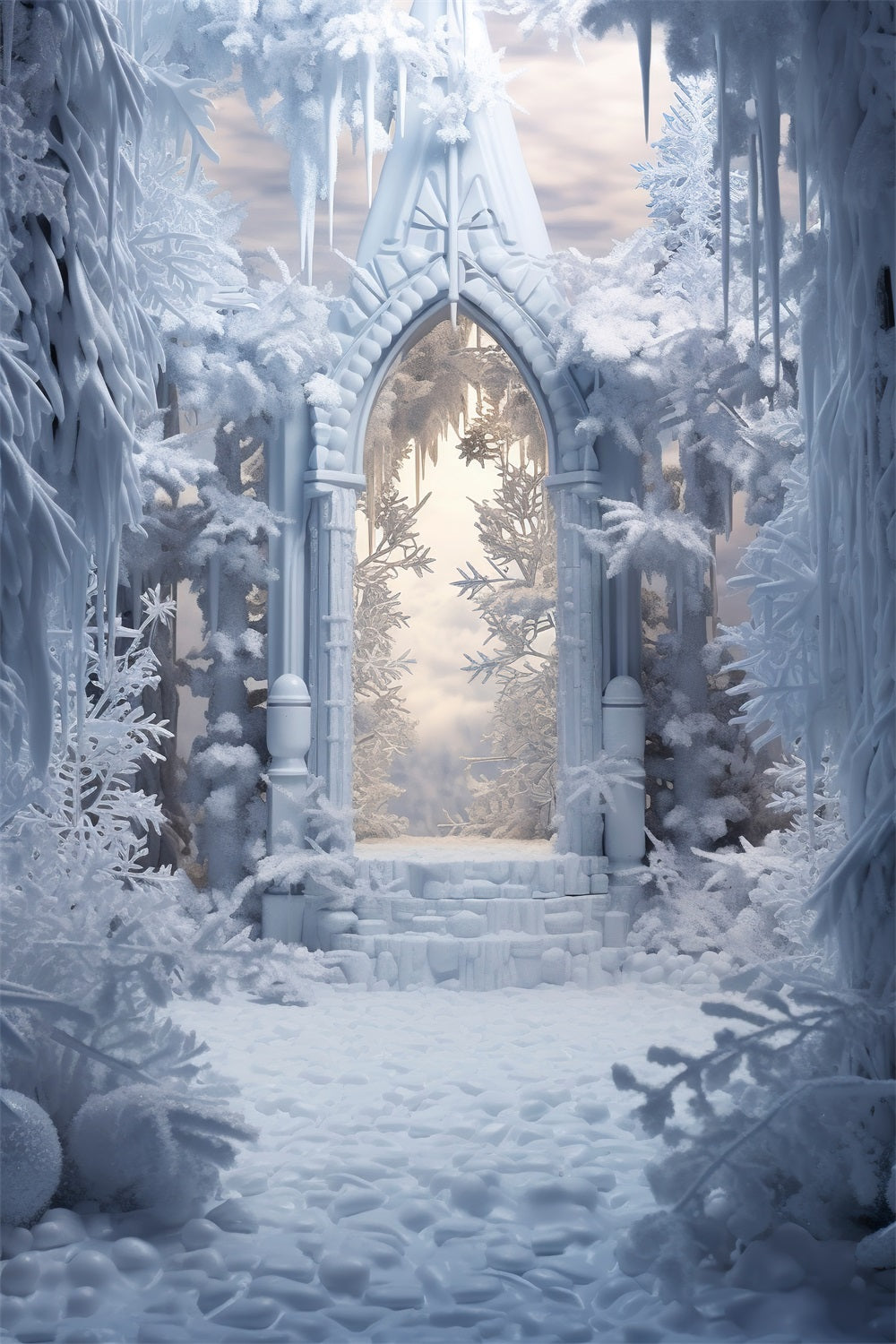 Snowy Winter Arch Surrounded Icy Trees Backdrop BRP9-378