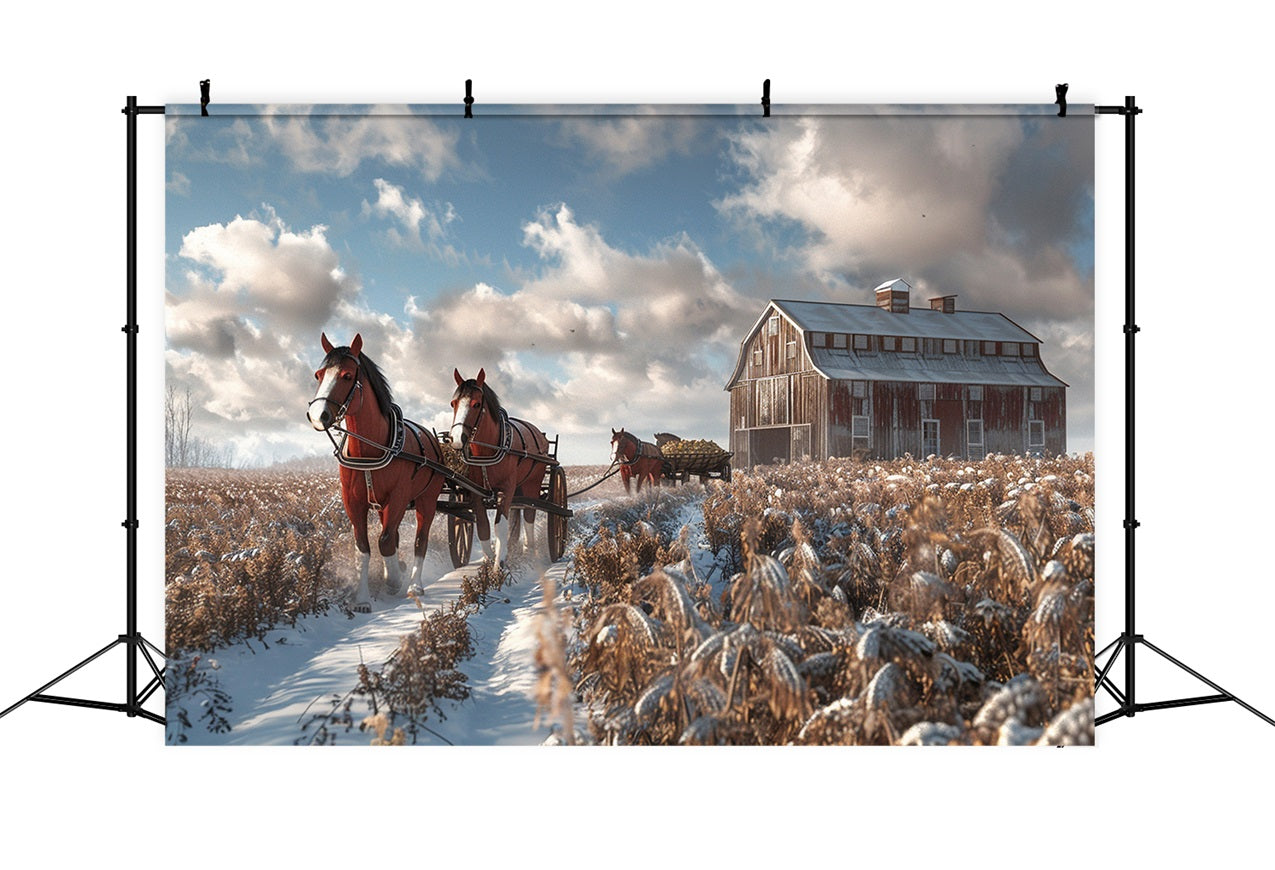 Snowy Barn Horses Winter Field Backdrop BRP9-380