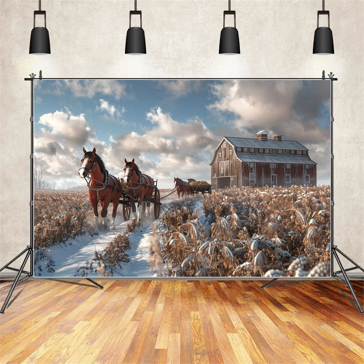 Snowy Barn Horses Winter Field Backdrop BRP9-380