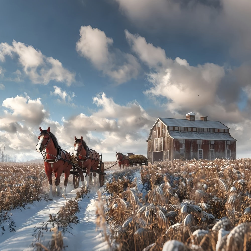 Snowy Barn Horses Winter Field Backdrop BRP9-380