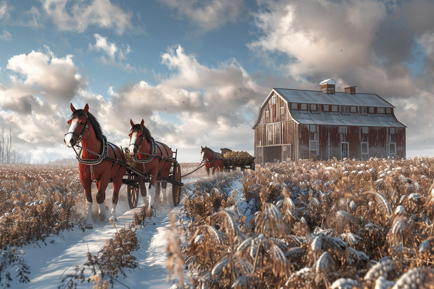 Snowy Barn Horses Winter Field Backdrop BRP9-380