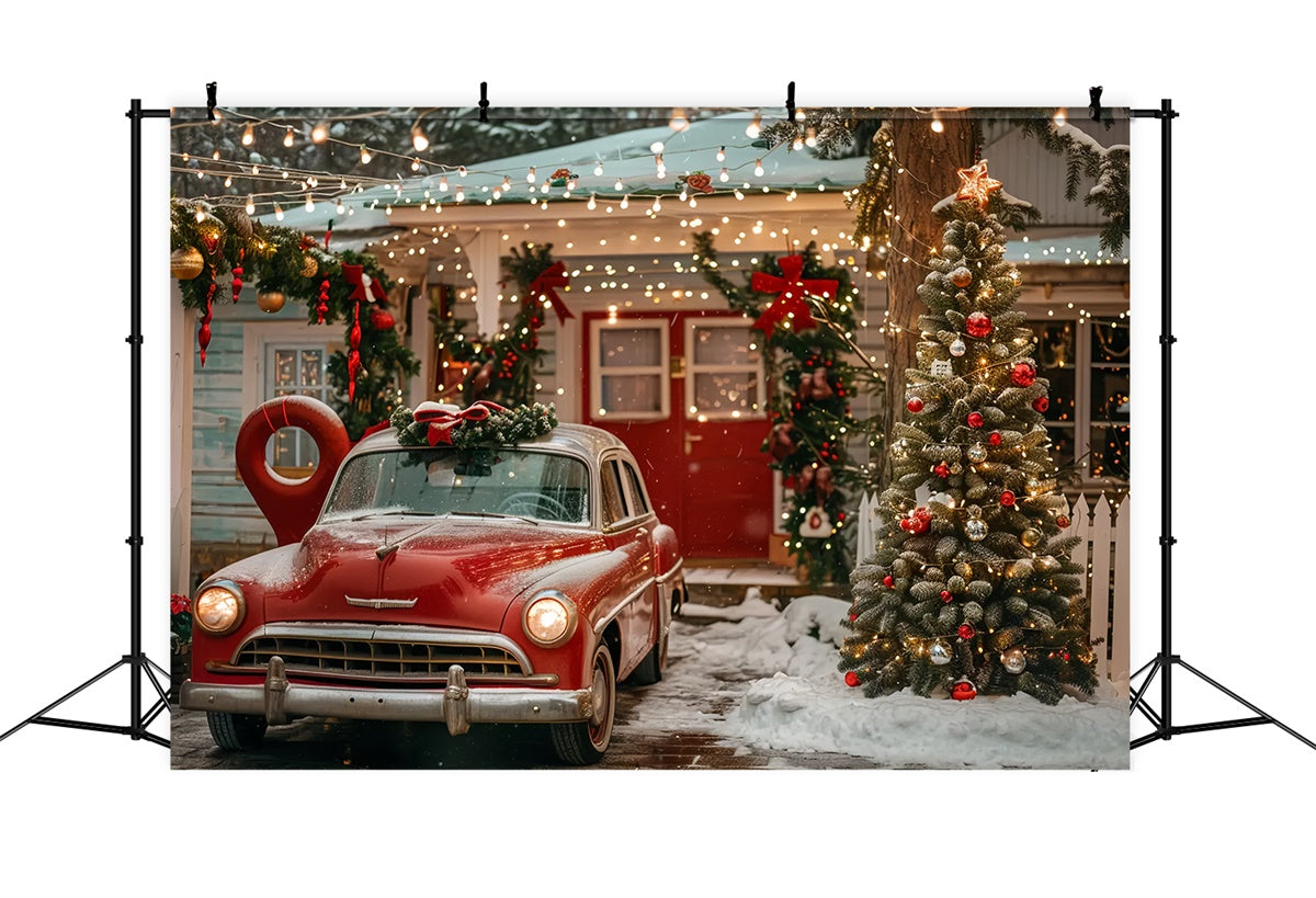 Christmas House with Red Vintage Car Backdrop BRP9-43