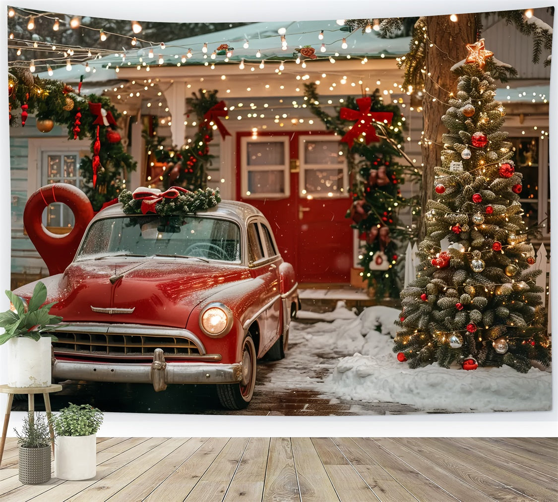 Christmas House with Red Vintage Car Backdrop BRP9-43