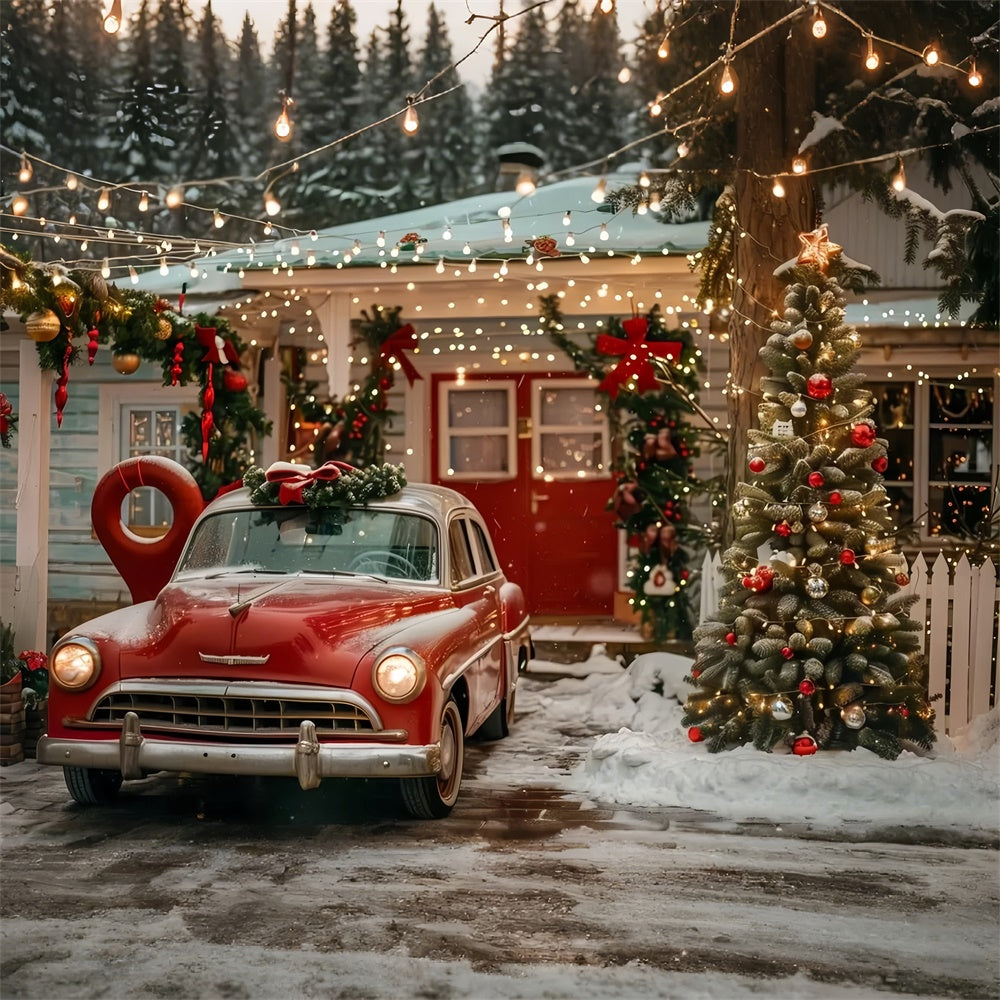 Christmas House with Red Vintage Car Backdrop BRP9-43