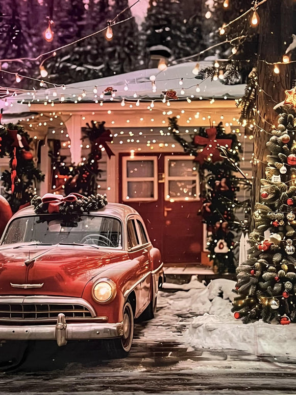 Christmas House with Red Vintage Car Backdrop BRP9-43