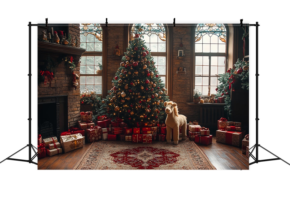 Fireplace Christmas Tree and Gifts Toy Horse Backdrop BRP9-44