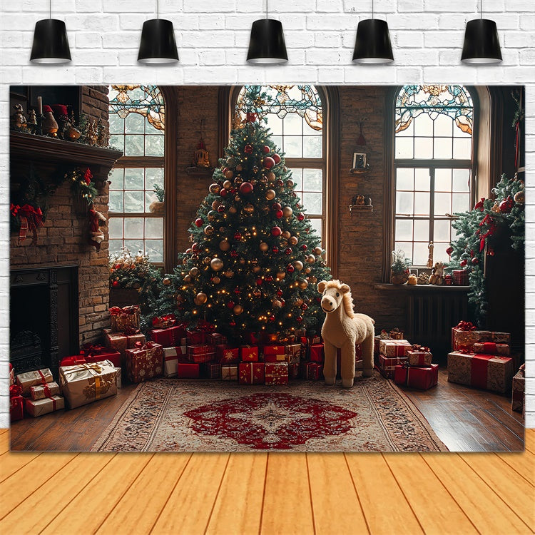 Fireplace Christmas Tree and Gifts Toy Horse Backdrop BRP9-44