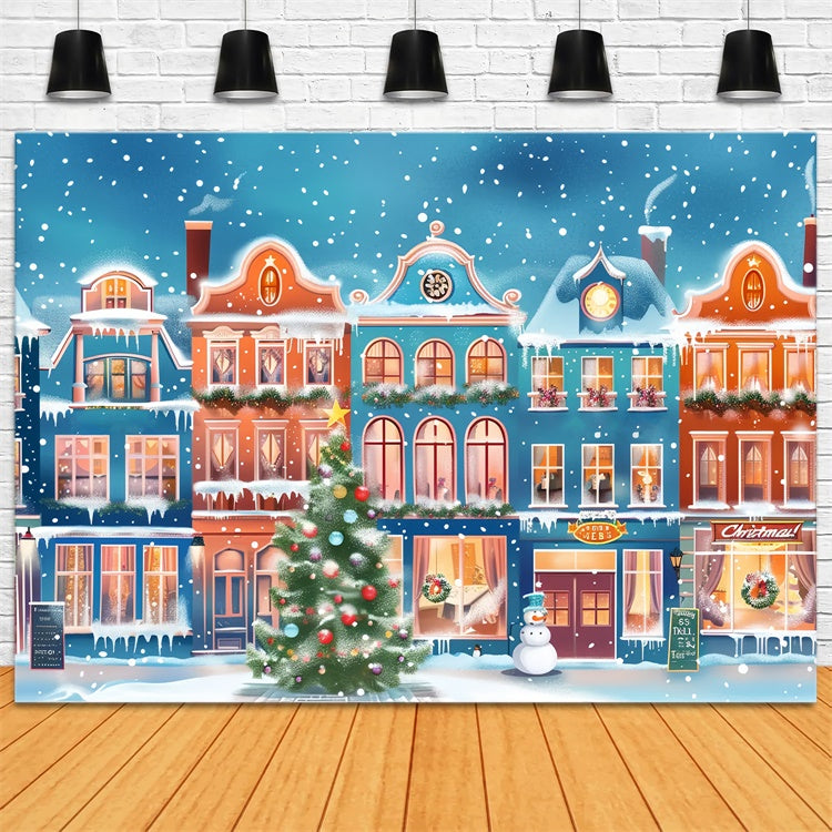 Snowy Christmas Town with Colorful Lights Backdrop BRP9-48