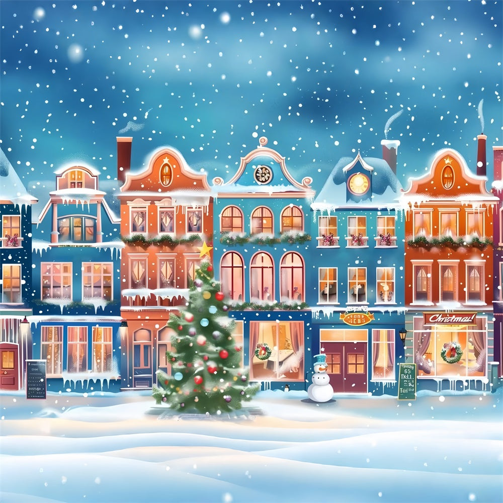 Snowy Christmas Town with Colorful Lights Backdrop BRP9-48