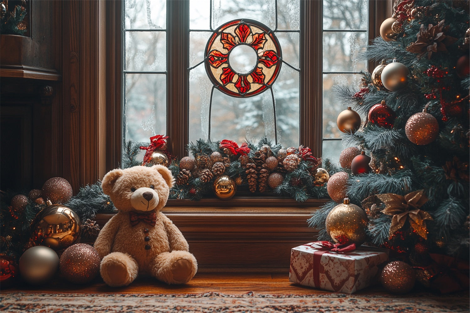 Teddy Bear Christmas by the Window Charm Backdrop BRP9-49