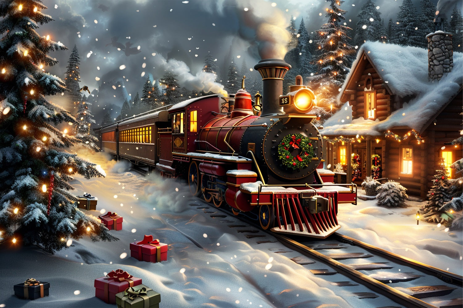 Snowy Night Christmas Train Adventure Backdrop BRP9-76