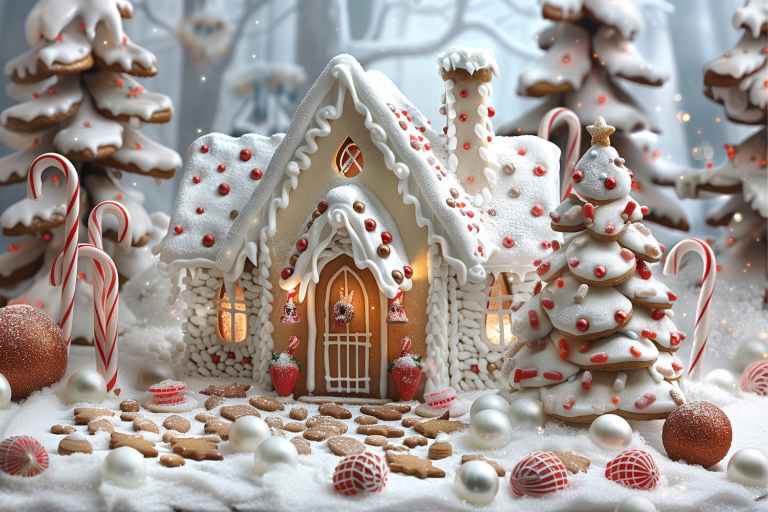 Gingerbread Christmas Cottage Candy Canes Backdrop BRP9-77