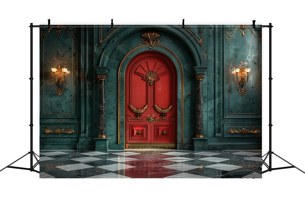 Red Christmas Door Marble Hall Backdrop BRP9-78