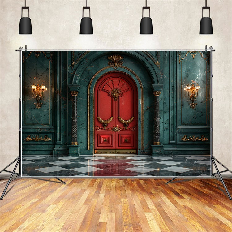 Red Christmas Door Marble Hall Backdrop BRP9-78