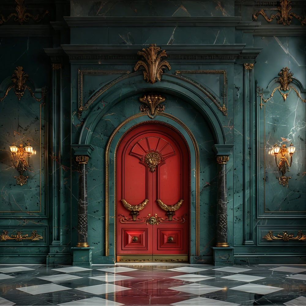 Red Christmas Door Marble Hall Backdrop BRP9-78