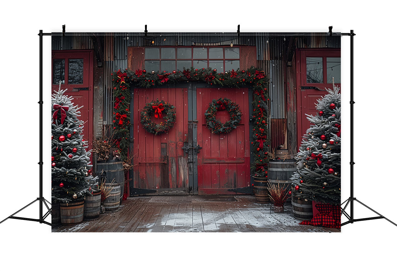 Red Christmas Barn Wreaths Tree Decorations Backdrop BRP9-80