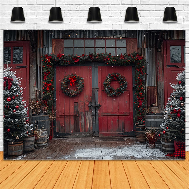 Red Christmas Barn Wreaths Tree Decorations Backdrop BRP9-80