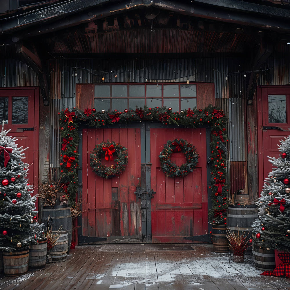 Red Christmas Barn Wreaths Tree Decorations Backdrop BRP9-80