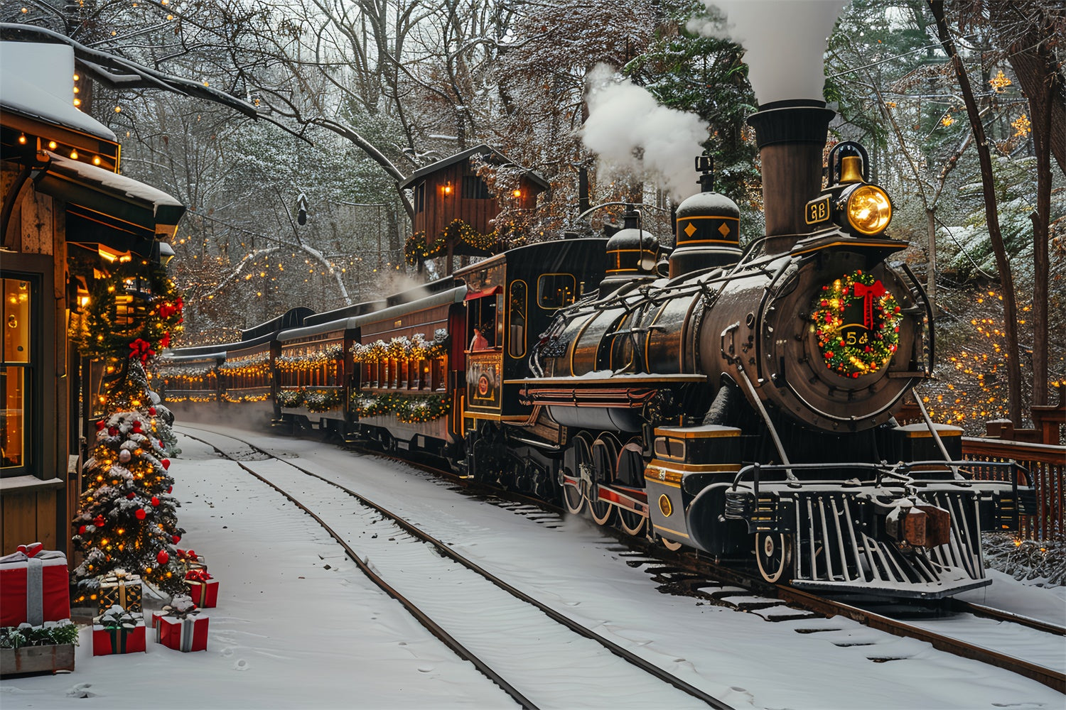 Winter Christmas Train Snowy Tracks Backdrop BRP9-81