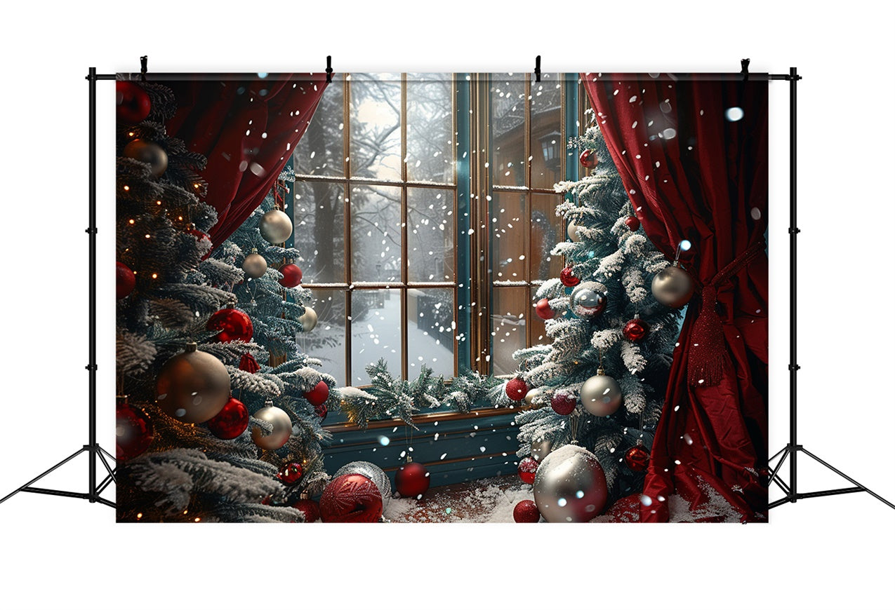 Red Curtain Snowy Trees Christmas Window Backdrop BRP9-87