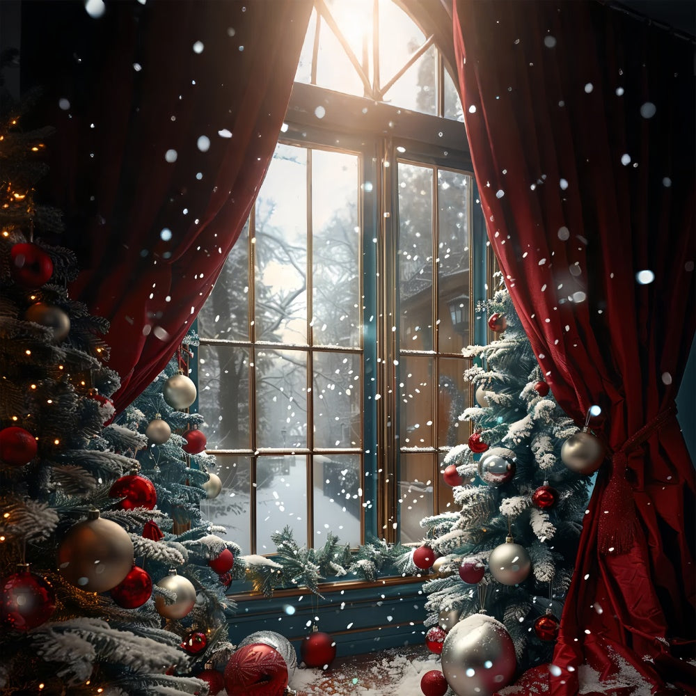 Red Curtain Snowy Trees Christmas Window Backdrop BRP9-87