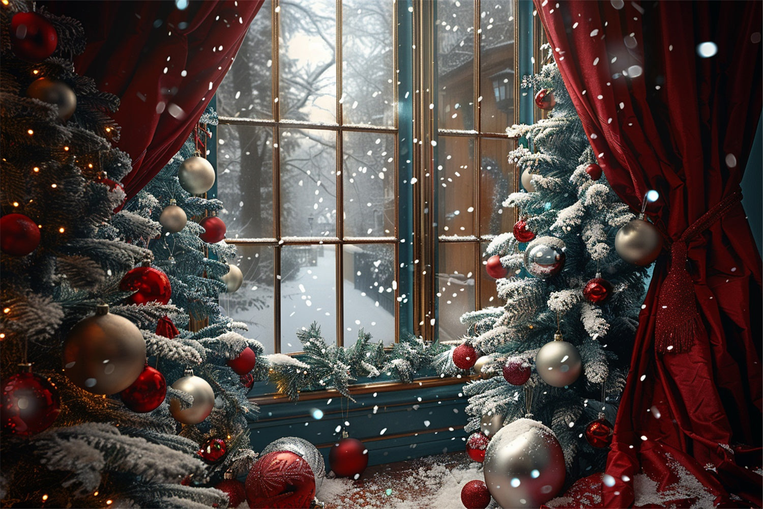 Red Curtain Snowy Trees Christmas Window Backdrop BRP9-87