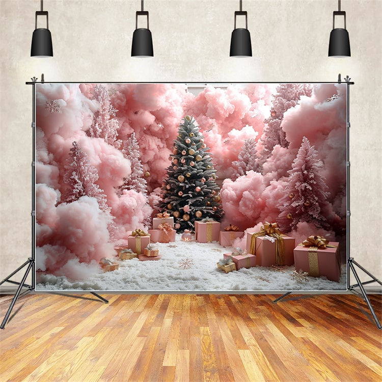 Pink Christmas Forest Snowflakes and Gifts Backdrop BRP9-90