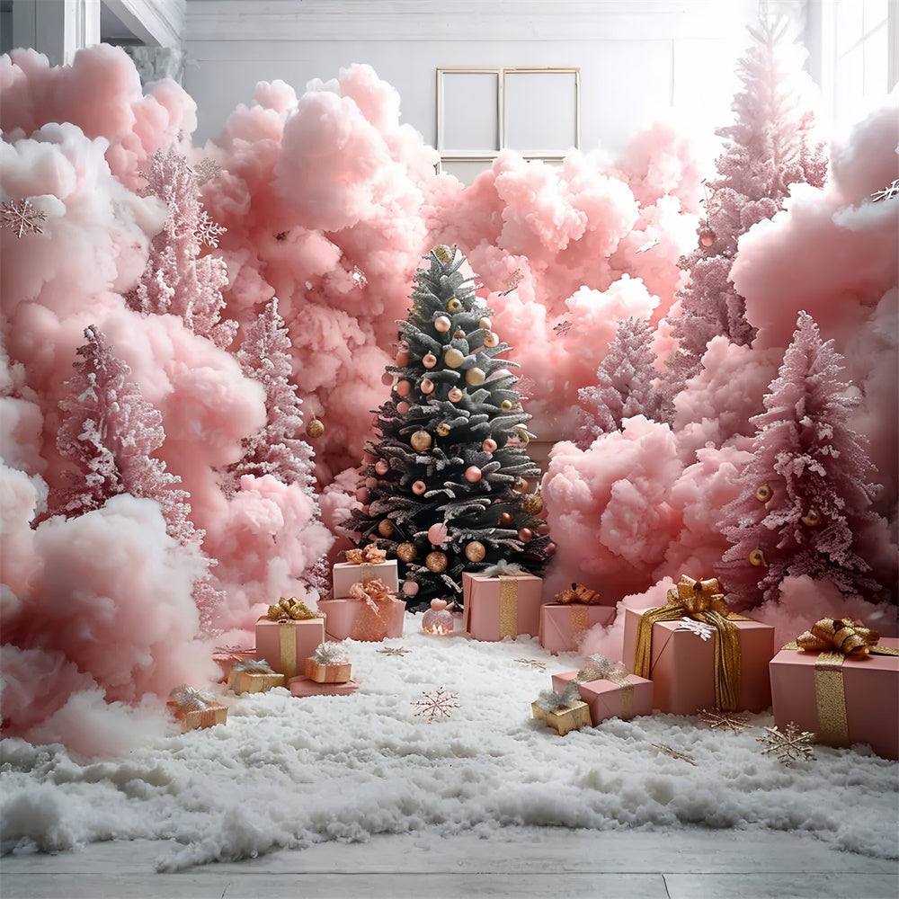 Pink Christmas Forest Snowflakes and Gifts Backdrop BRP9-90