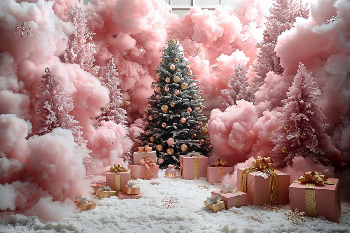 Pink Christmas Forest Snowflakes and Gifts Backdrop BRP9-90