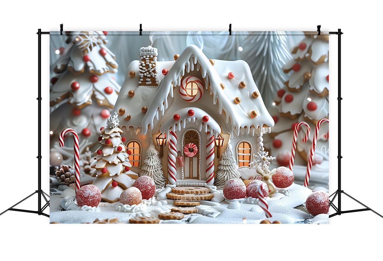 Frosted Gingerbread Cottage Christmas Trees Backdrop BRP9-91