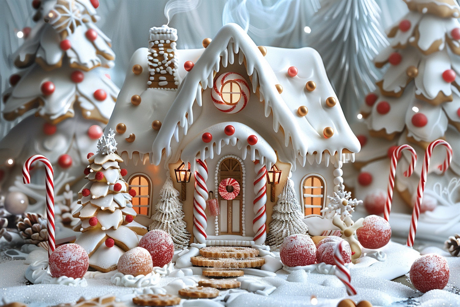 Frosted Gingerbread Cottage Christmas Trees Backdrop BRP9-91