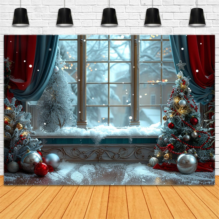 Snowy Window Decorated Christmas Trees Backdrop BRP9-92