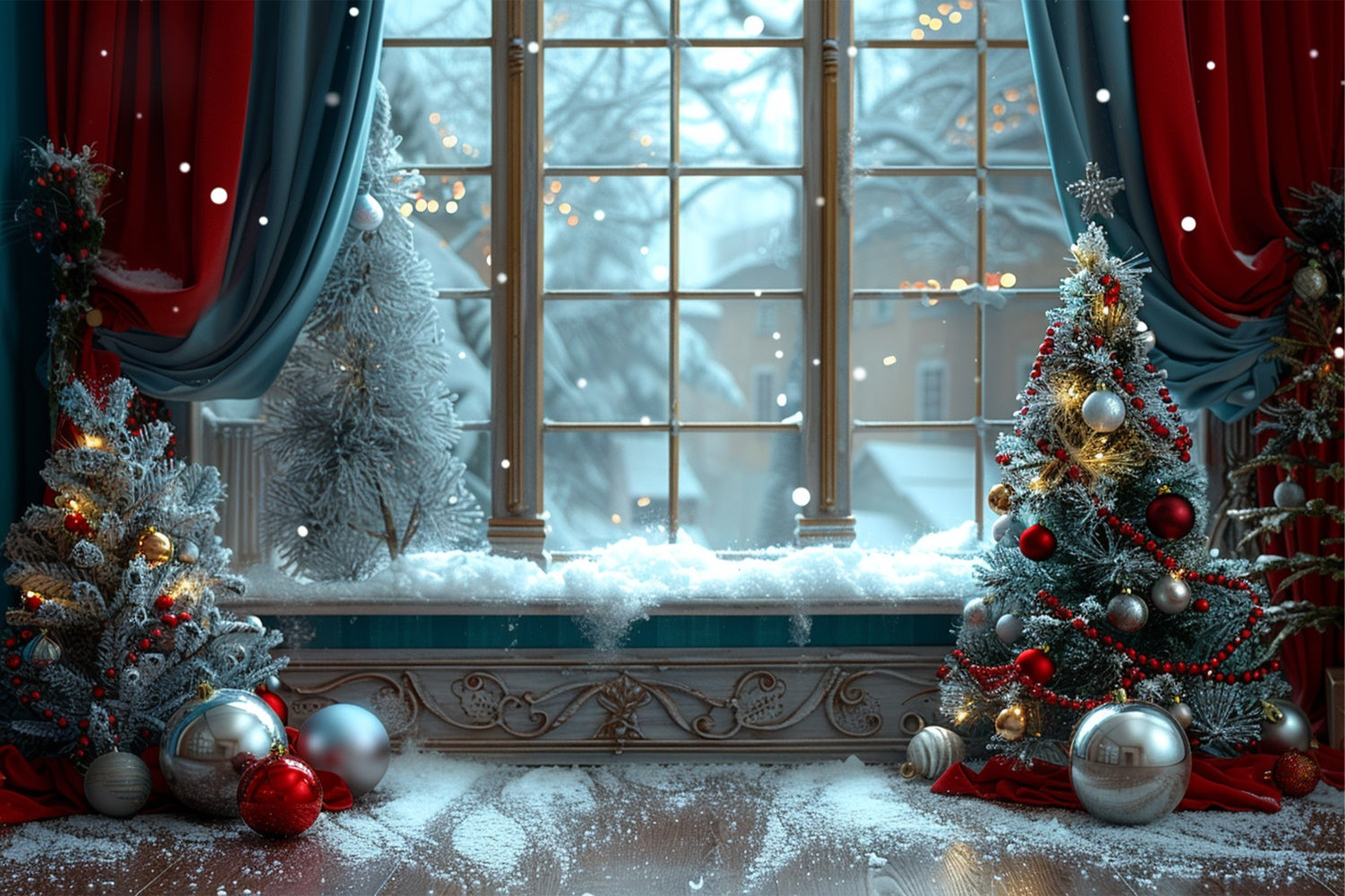 Snowy Window Decorated Christmas Trees Backdrop BRP9-92