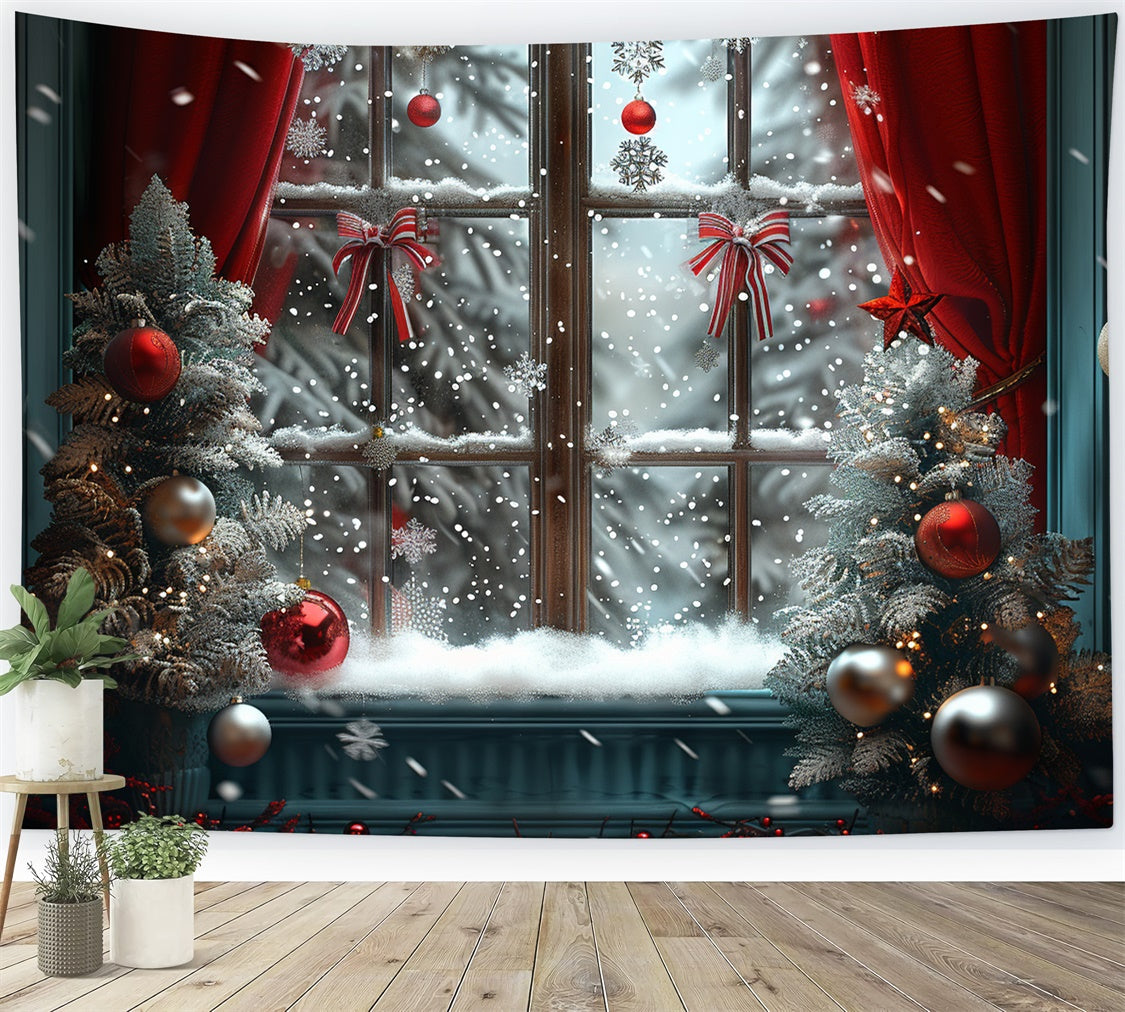 Frosty Christmas Window with Red Ornaments Backdrop BRP9-93