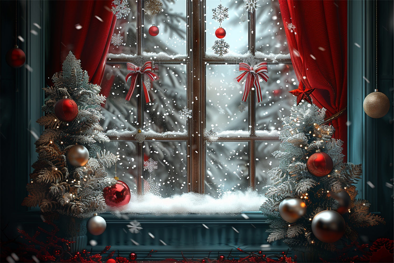 Frosty Christmas Window with Red Ornaments Backdrop BRP9-93