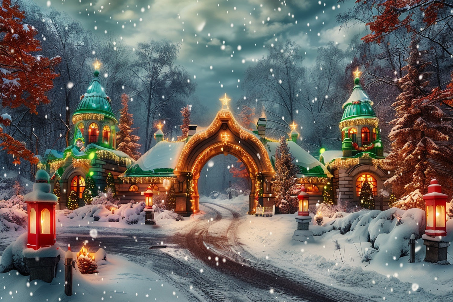 Christmas Castle Gate Snow and Lights Backdrop BRP9-94