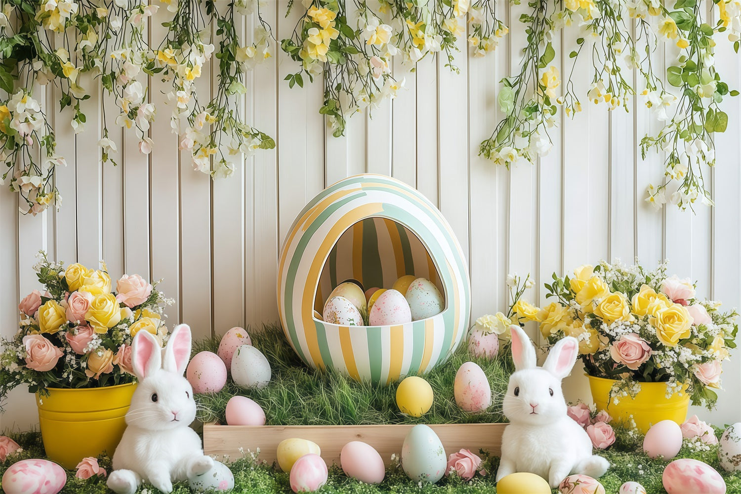 Easter Bunny Backdrop Floral Bunny Egg Celebration Backdrop CJJ-168