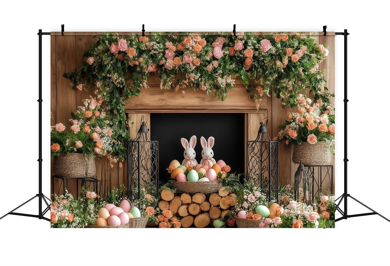 Easter Photo Backdrops Floral Bunny Fireplace Backdrop CJJ-169