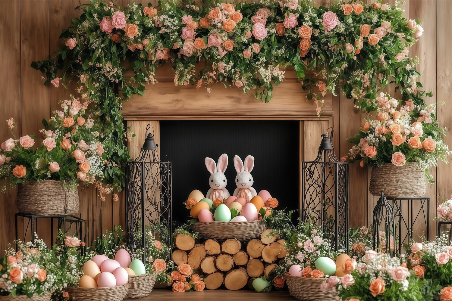 Easter Photo Backdrops Floral Bunny Fireplace Backdrop CJJ-169