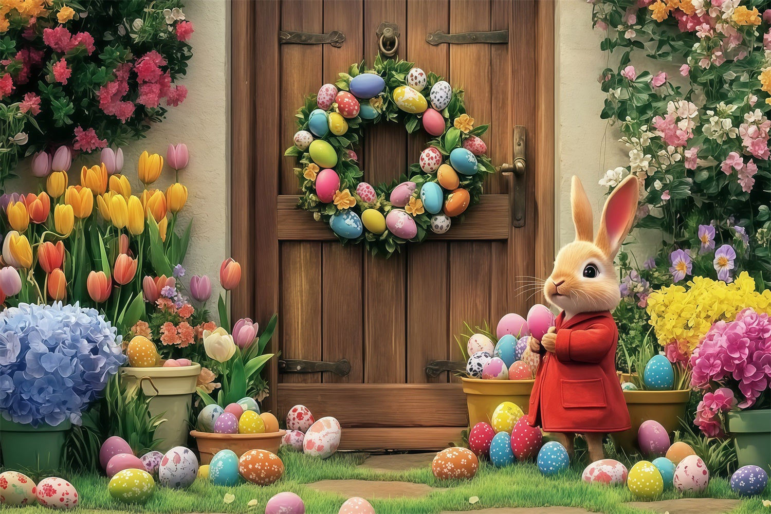 Easter Bunny Photo Backdrop Blooming Door Bunny Backdrop CJJ-170