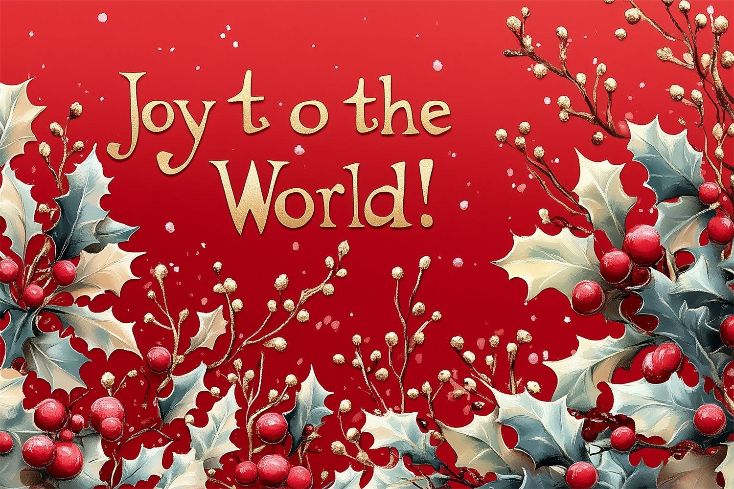 Joy to the World Backdrop Red Gold Holly Leaves Backdrop CJJ2-22