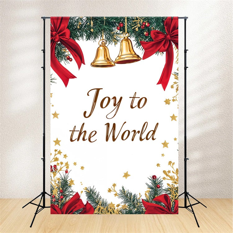 Joy to the World Backdrop Christmas Bells Red Ribbons Backdrop CJJ2-24